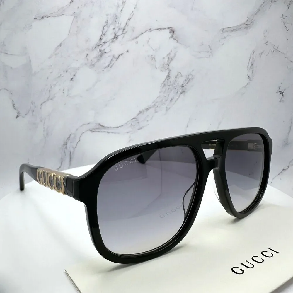 New GUCCI Sunglasses Black Acetate Pilot Aviator 58mm Navigator Gold Metal Logo - Picture 5 of 16